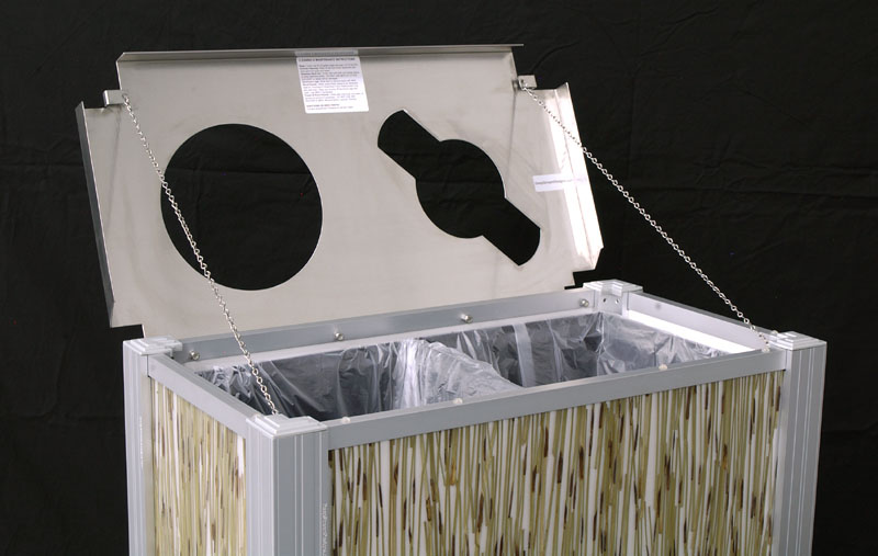 DeepStreamDesign's modern combination trash and recycling bin with open lid