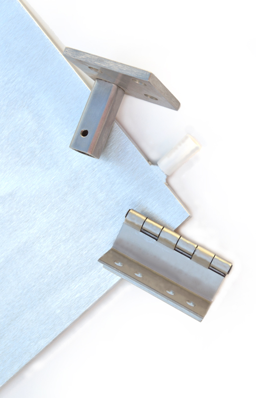 Stainless Steel hinges, mounting feet, and marine aluminum push flap