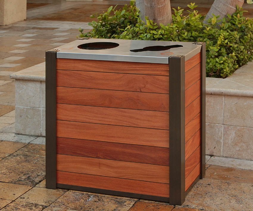 modern exterior wood combination trash and recycling bin